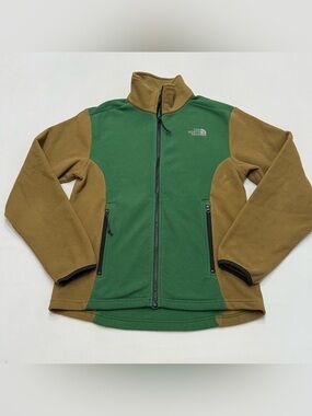The North Face Full Zip Fleece Sweater Green Tan Color Block Men's Size Small